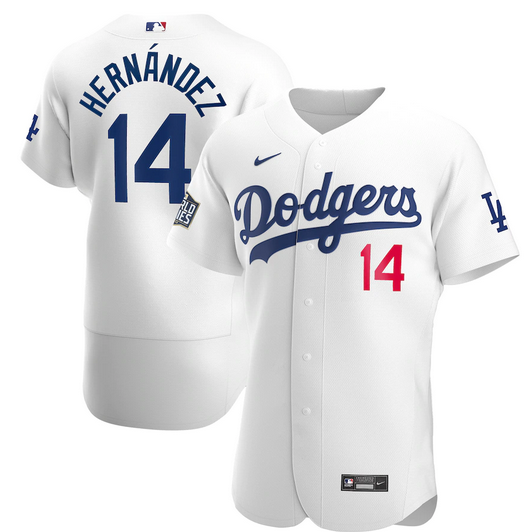 Men's Los Angeles Dodgers #14 Kiké Hernández White 2020 World Series Bound stitched Jersey